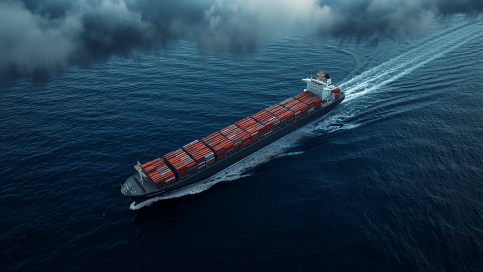 Container vessel sailing on open ocean