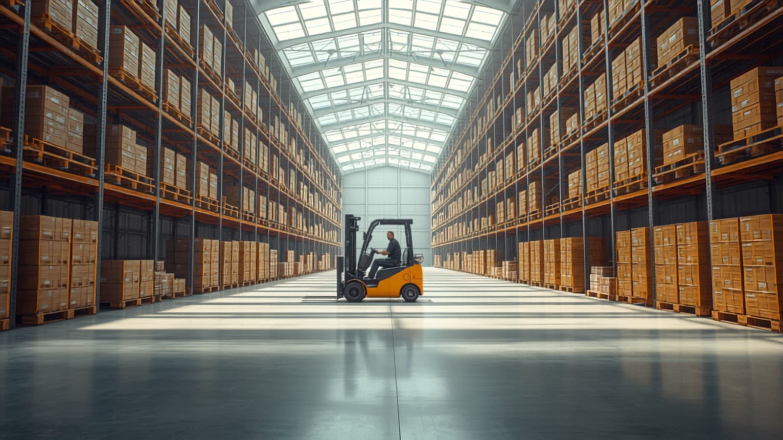 Forklift working inside a modern logistics warehouse